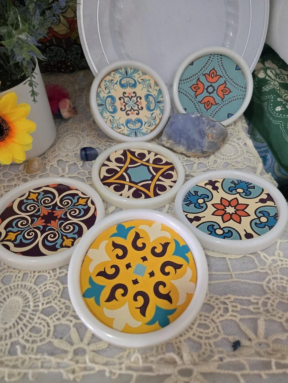 4/$15 Handmade Boho Maximalist Coaster Set of 6 | Colorful Eclectic Home